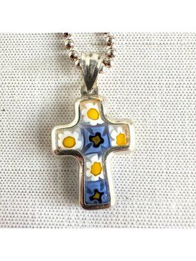 Murano Millefiori Glass Sterling Silver Cross Pendant Necklace Made in Italy 17"